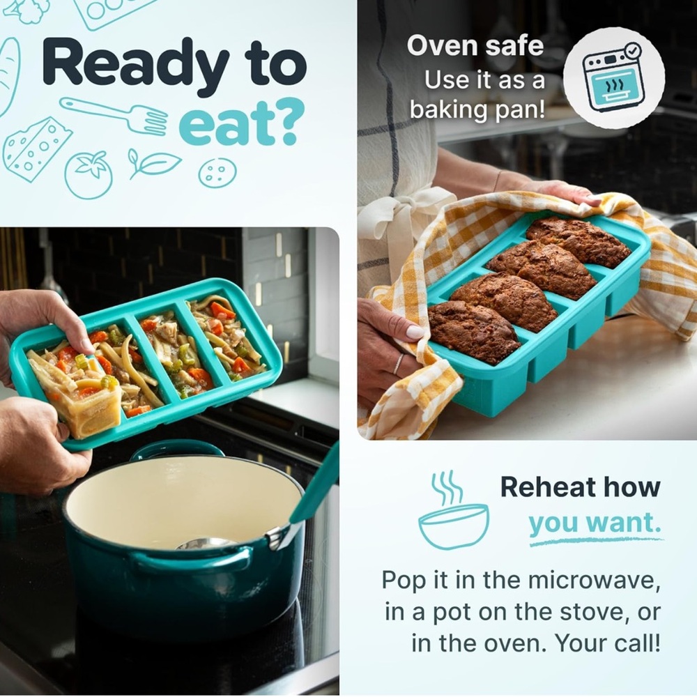 Blue Food Storage Tray with Lid - Flexible Silicone Portions - Picture 2 of 7
